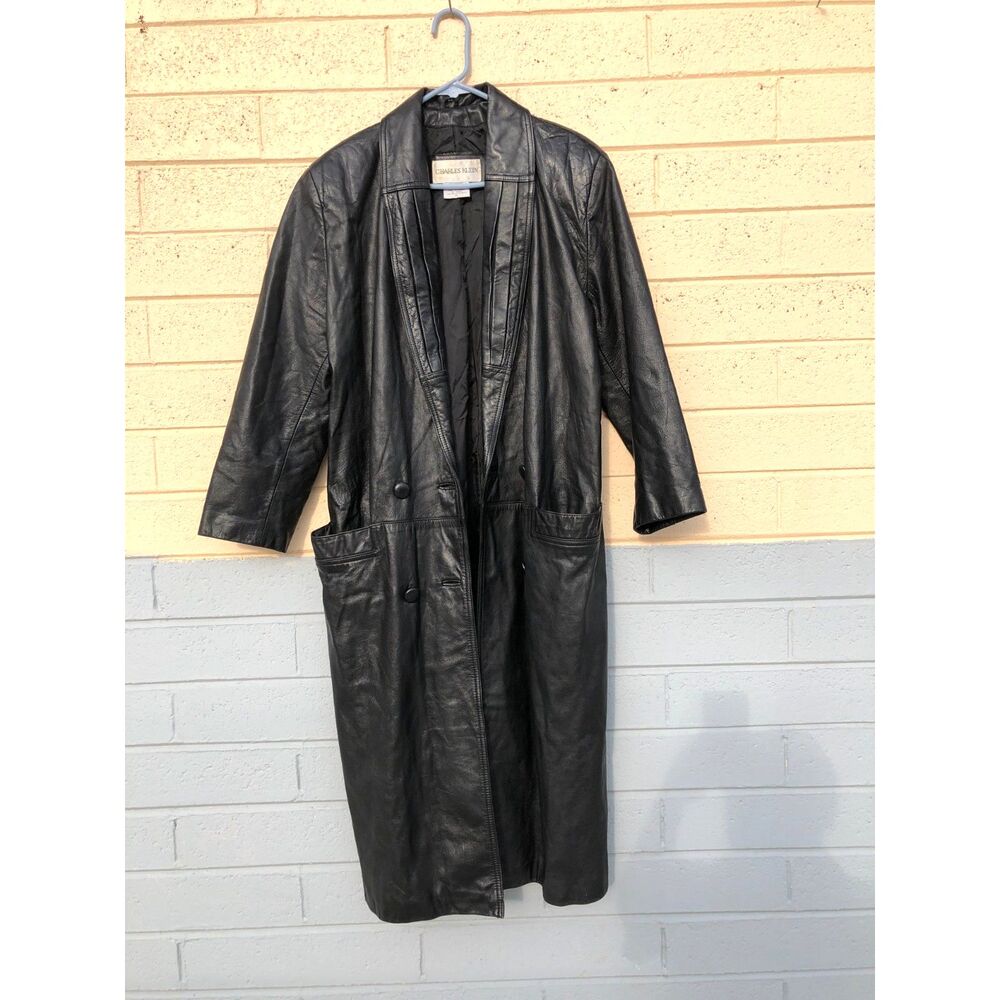 Vtg 90s Charles Klein Black Leather Trench Coat Jacket 48" Long Duster Goth Sz S